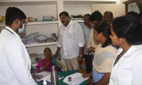 Minister Botcha Satyanarayana visiting Jagananna Aarogya Suraksha medical camp in Bondapalli (Vizianagaram) on Saturday