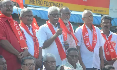 CPM State secretary V Srinivasa Rao addressing a meeting during the  launch of Praja Poru Baata at Ajit Singh Nagar in Vijayawada on Saturday
