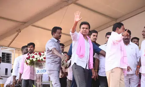 IT, MA&UD Minister K T Rama Rao at the Sankshema Sabha of the Palakurthi constituency at Thorrur on Monday