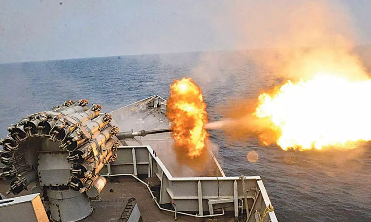 Weapon firing exercise being carried out during the operational readiness review of the Eastern Fleet by Flag Officer Commanding-in-Chief, Eastern Naval Command Vice-Admiral Rajesh Pendharkar