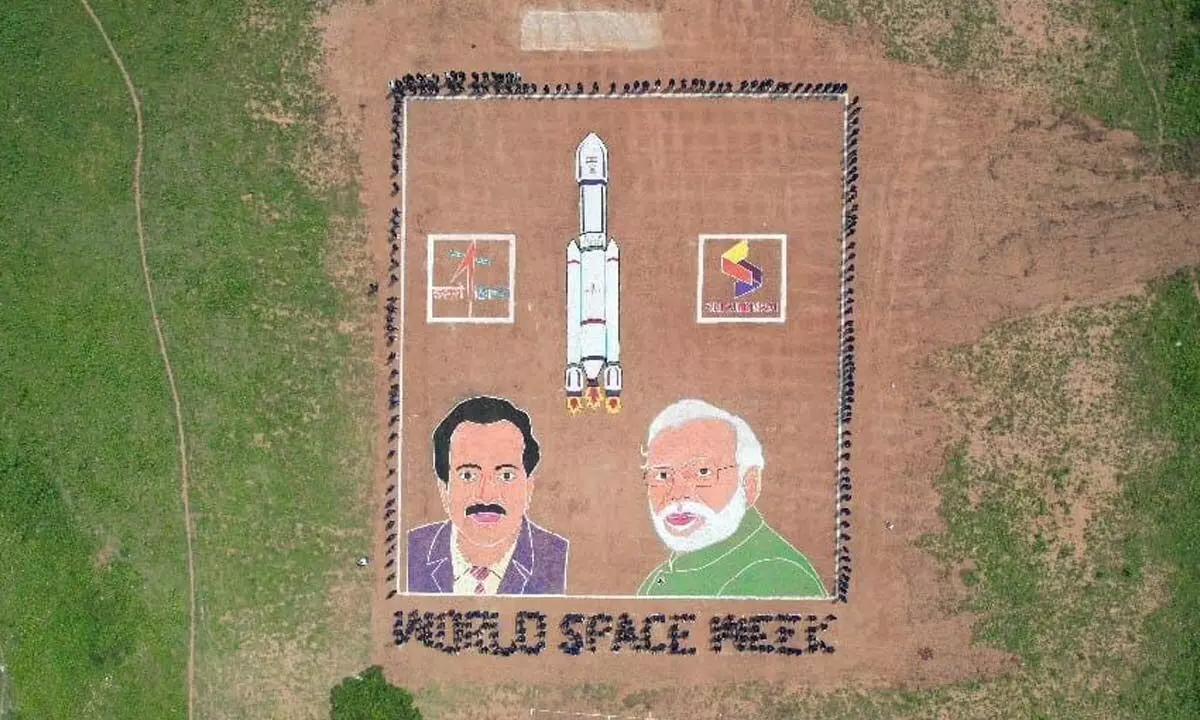 Pictures of Prime Minister Narendra Modi, ISRO Chairman Somnath and rocket models made by the students on the premises of Sri Shirdi Sai Junior College in Rajahmundry on Monday