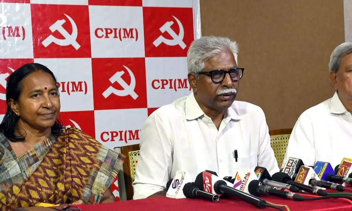 CPM State secretary V Srinivasa Rao addressing the media in Vijayawada on Monday