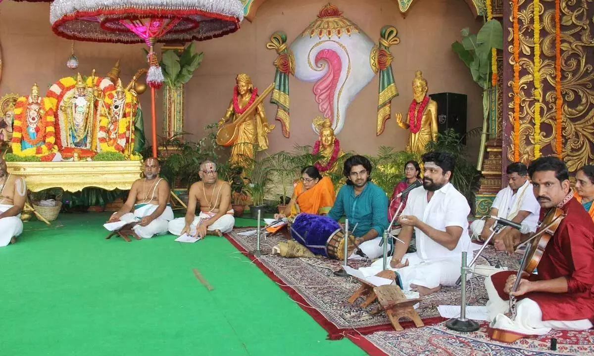 Ayodhyakanda Akhanda Parayanam being held at the Nada Neerajanam platform at Tirumala on Monday