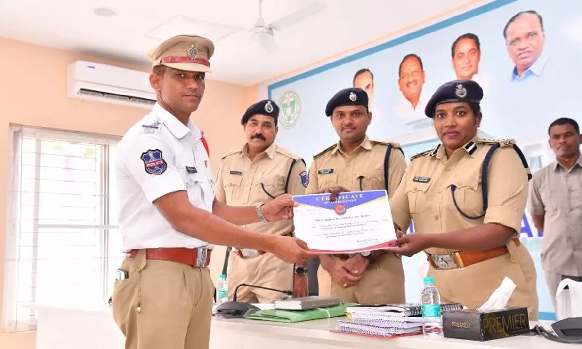 CP Rema rajeshwari presented rewards to police officials and personnel who have shown merit in functional verticals at Ramagundam on Monday.