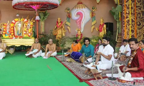 Ayodhyakanda Akhanda Parayanam being held at the Nada Neerajanam platform at Tirumala on Monday