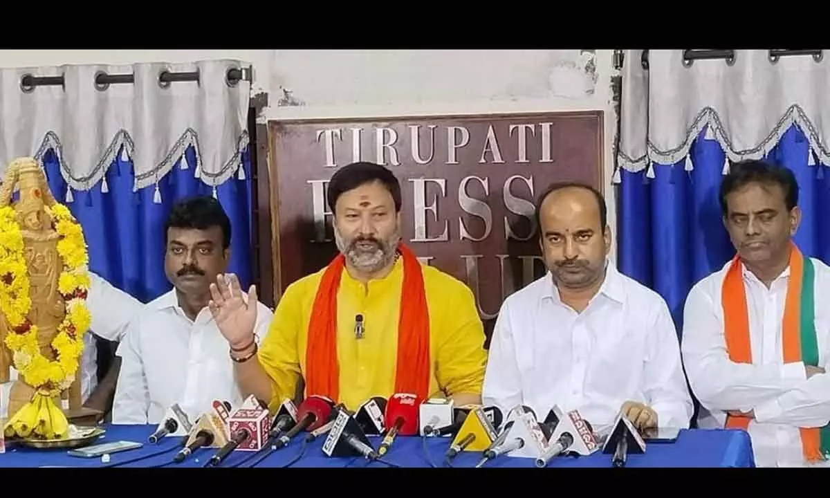 BJP State spokesperson B Bhanu Prakash Reddy speaking to the media in Tirupati on Tuesday