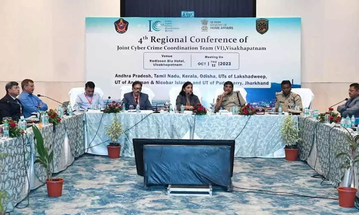 Ministry of home affairs special secretary (internal security) Sivagami Sundari Nanda and DGP K V Rajendranath Reddy, among others, at the workshop on cybercrime in  Visakhapatnam on Thursday