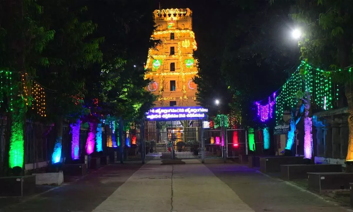 Srisailam temple illuminated with lights on the occasion of Dasara festival