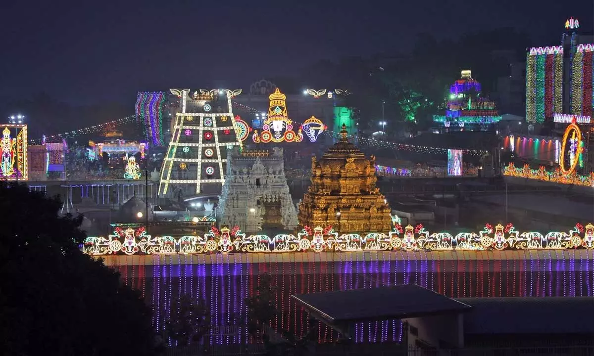 Tirumala temple illuminated on Saturday for Navaratri  Brahmotsavam which will begin on Sunday