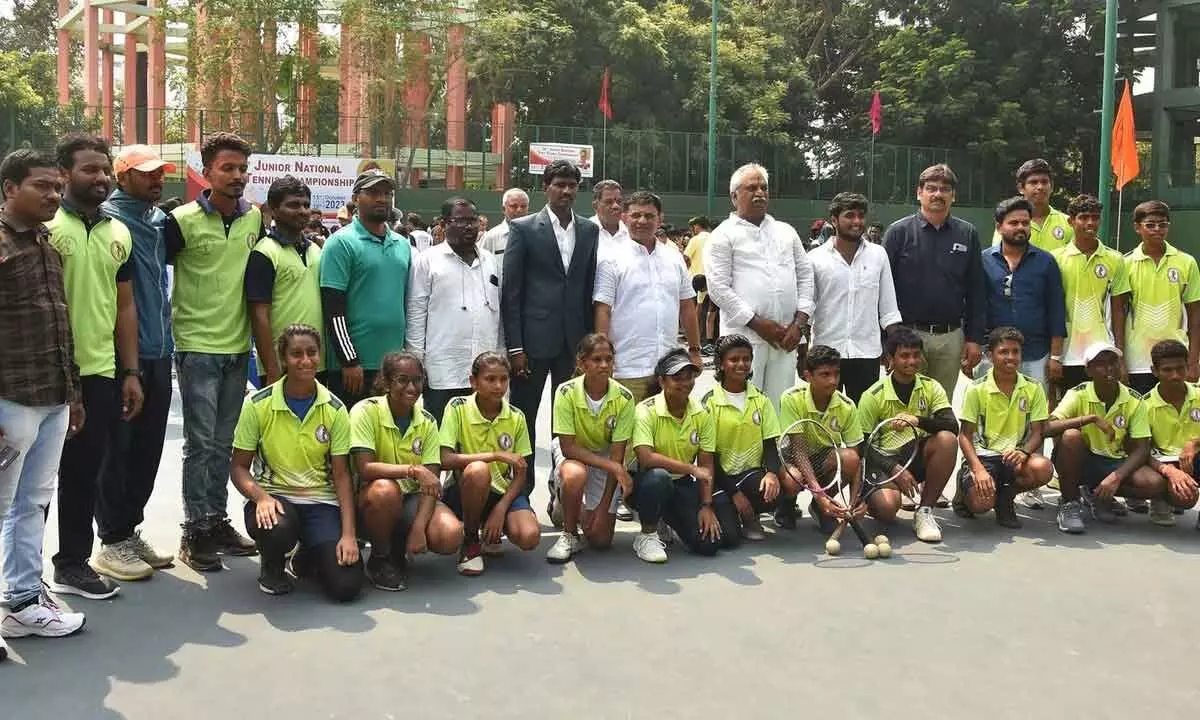 MLA Malladi Vishnu and Soft Tennis Federation of India president and Gujarat MLA Mahesh Kaswala with the players at IGMC stadium in Vijayawada on Sunday