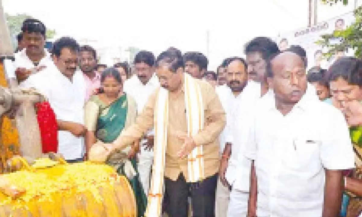 Nellore MP Adala Prabhakara Reddy laying foundation for  construction of a cement road at a cost of Rs 80 lakh at  Batwadipalem in Nellore Rural constituency on Sunday