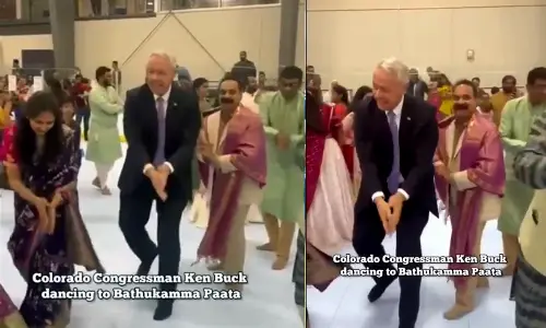 Colorado State Congressman Ken Buck shakes leg Bathukamma song