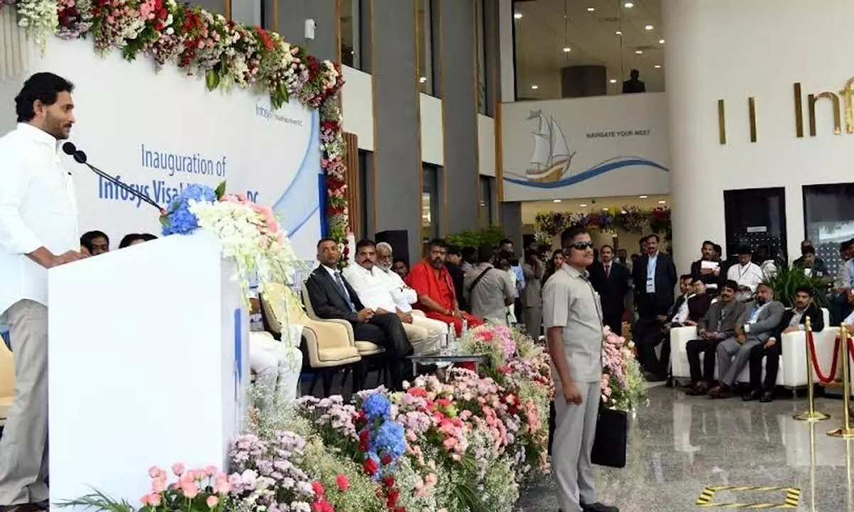 Chief Minister Y S Jagan Mohan Reddy speaking after inaugurating Infosys Development Centre in Visakhapatnam on Monday