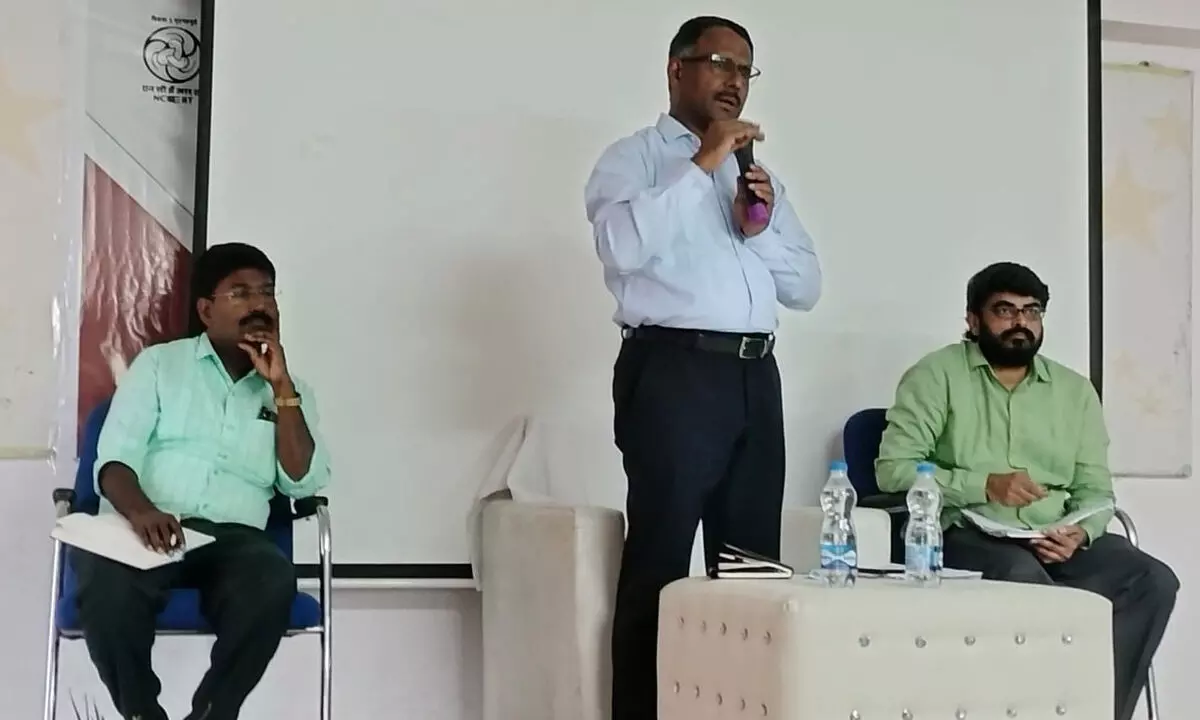 Commissioner of School Education S Suresh Kumar addressing a State-level Master Trainers’ training programme in Vijayawada on Monday