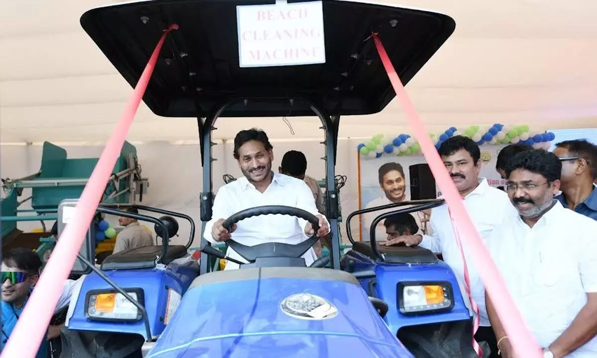 Chief Minister Y S Jagan Mohan Reddy sat for a while in the driver’s seat of the beach cleaning vehicle in Visakhapatnam on Monday