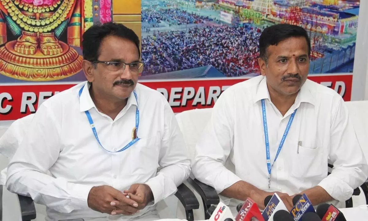 TTD DEO Bhaskar Reddy (left) addressing the media at Media Centre in Tirumala on Tuesday. SVITSA Principal Venkat Reddy is also seen.