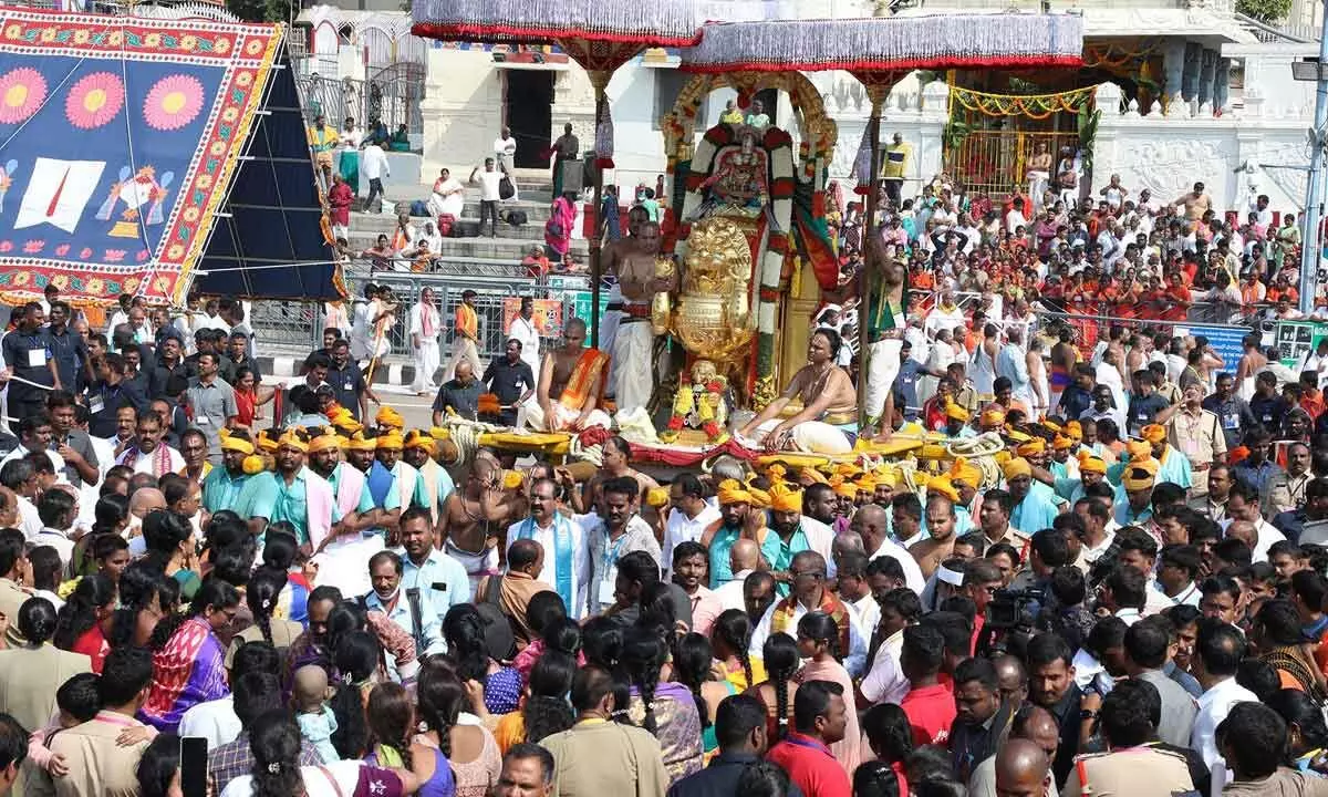 Malayappa on Simha Vahanam blesses the devotees on the third day of Brahmotsavam in Tirumala on Tuesday