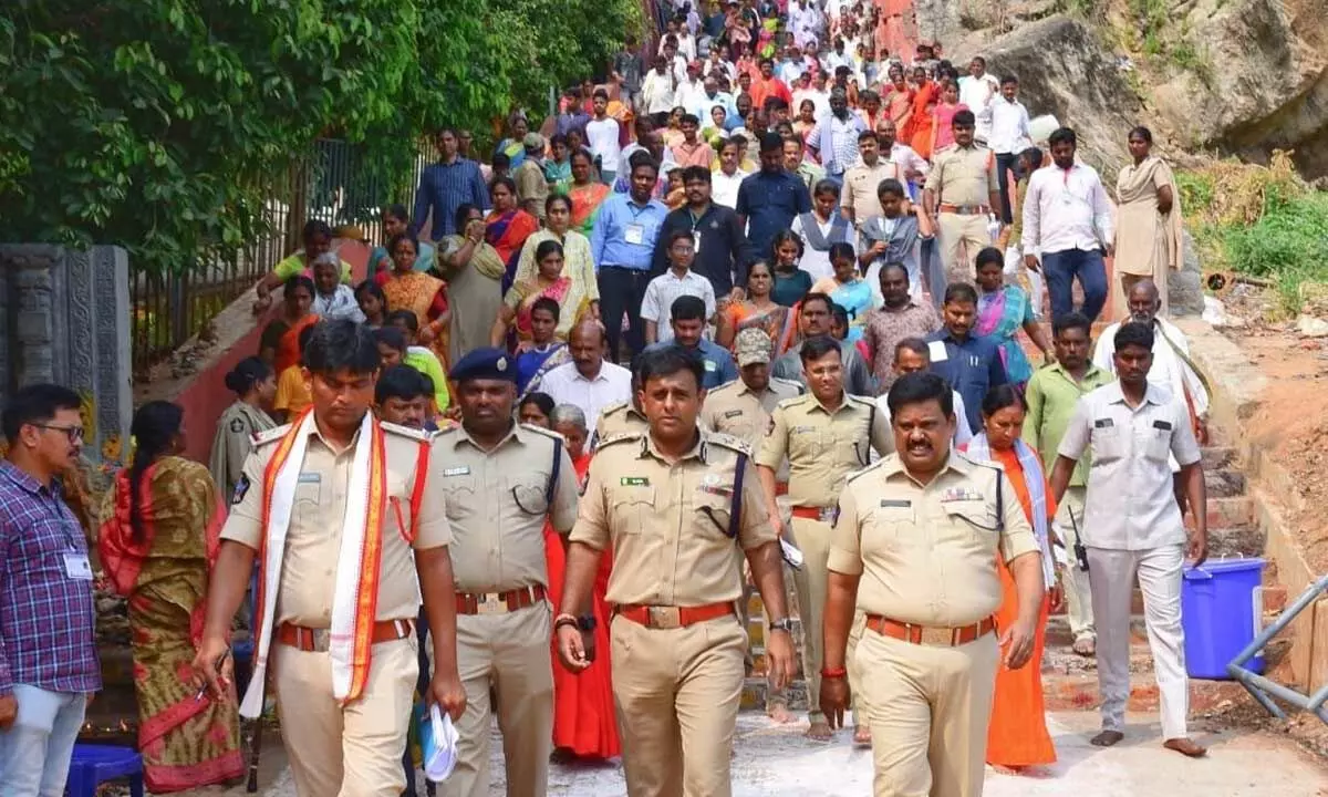 Police Commissioner Kanthi Rana Tata inspecting the security arrangements at Durga Temple on Tuesday