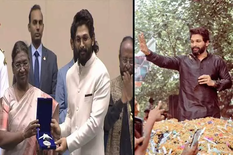 Allu Arjun’s National Award triumph: Fans accord grand welcome with flowers and dhol