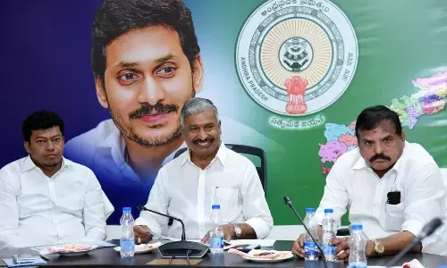 Ministers Peddireddi Ramachandra Reddy (centre), Seediri Appala Raju (left) and Botcha Satyanarayana at a meeting of the Aqua Empowerment Committee at the Secretariat at Velagapudi on Tuesday