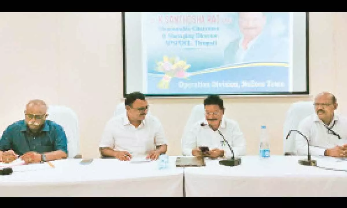 APSPDC Chairman and Managing Director K Santhosh Rao speaking at a review meeting in Nellore on Thursday. Chief General Managers Guravaiah, KR Dharma Gnani and Nellore SE V Vijayan are also seen.