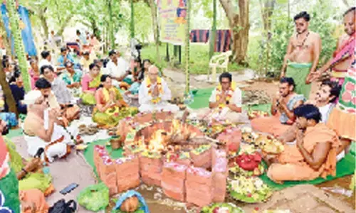 Sudarsana Homam being performed in Sri City as part of the anniversary celebrations of Sri Venkateswara Swamy temple on Saturday