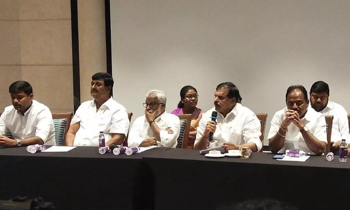 Education Minister Botcha Satyanarayana speaking at a media conference in Visakhapatnam on Sunday