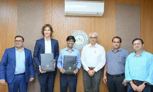 At the signing of the MoU on Sep 1, 2023: (L to R) Shishir Kumar, Sr. HR Business Leader, Airbus, Rémi  Maillard, President and Managing Director, Airbus India and South Asia, Prof. Abhay Karandikar, then Director, IIT Kanpur, Prof. G.M. Kamath, Head of Department of Aerospace Engineering, IIT Kanpur, Prof. Jayandharan Rao, Associate Dean R&D, Prof. Abhijit Kushari, Dept. of Aerospace Engineering
