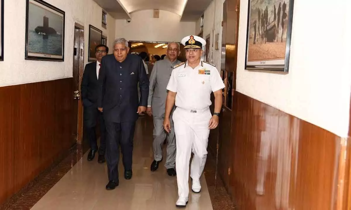 Vice President Jagdeep Dhankhar with Flag Officer Commanding-in-Chief, Eastern Naval Command Vice Admiral Rajesh Pendharkar along with others in Visakhapatnam