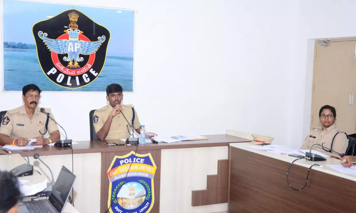SP Jagadeesh speaking at district crime review meeting at the district police office in Rajamahendravaram on Saturday