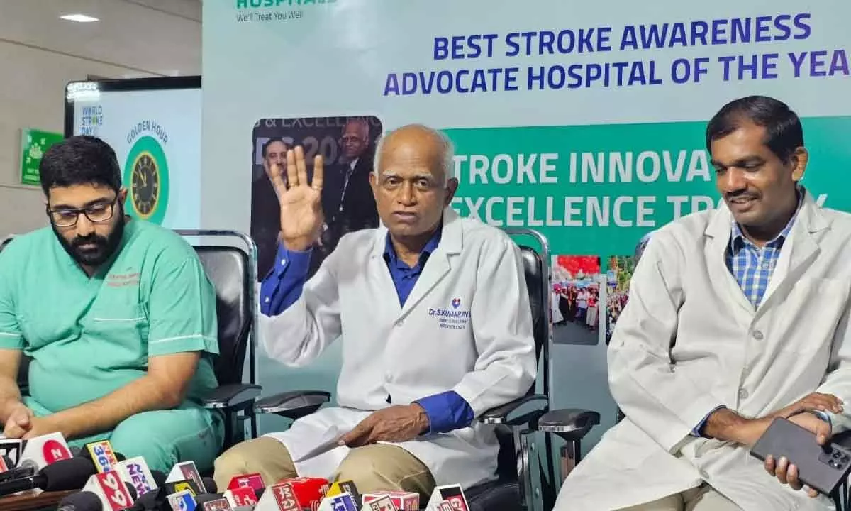 Chief Neurologist Dr Kumaravelu, Deputy managing director Dr P Srinivasa Rao, Medical Director, Business Development head Dr Y Karthik Chowdary addressing media at Aster Ramesh Hospital in Guntur on Sunday