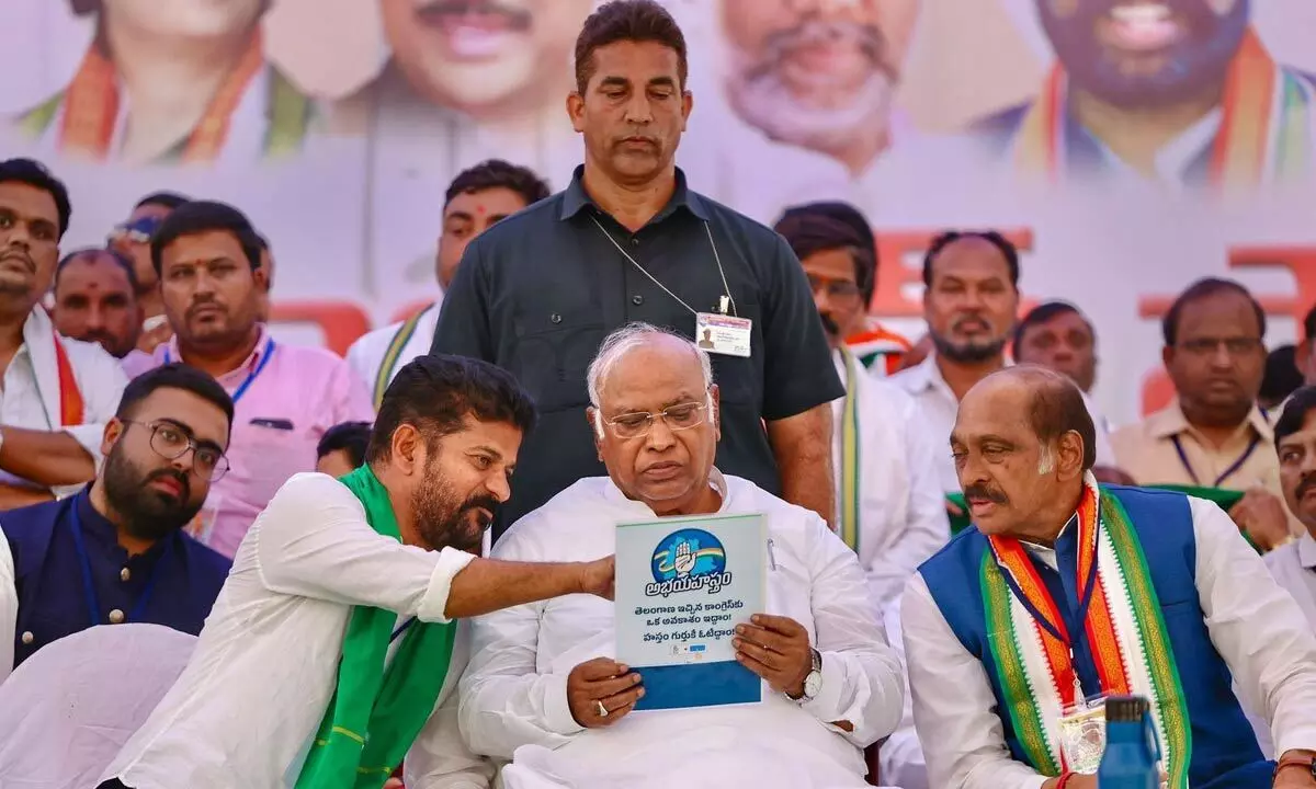 Congress president Mallikarjun Kharge during a public meeting in Sangareddy on Sunday