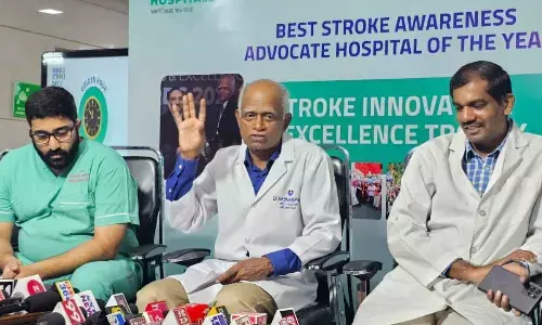 Chief Neurologist Dr Kumaravelu, Deputy managing director Dr P Srinivasa Rao, Medical Director, Business Development head Dr Y Karthik Chowdary addressing media at Aster Ramesh Hospital in Guntur on Sunday
