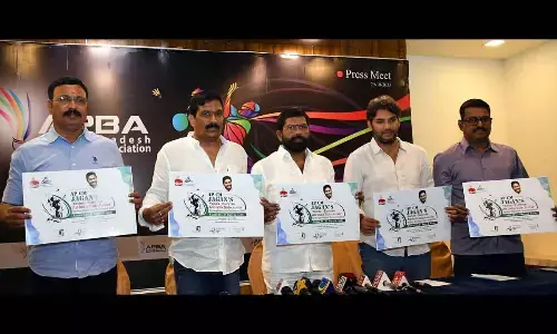 Andhra Pradesh Badminton Association members releasing a brochure on Ranking Badminton Tournament 2023 in Vijayawada on Sunday Photo: Ch Venkata Mastan