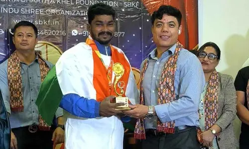 Rayi Ganesh receiving a gold medal in the SBKF Pokhara-Nepal 8th International Games held in Nepal