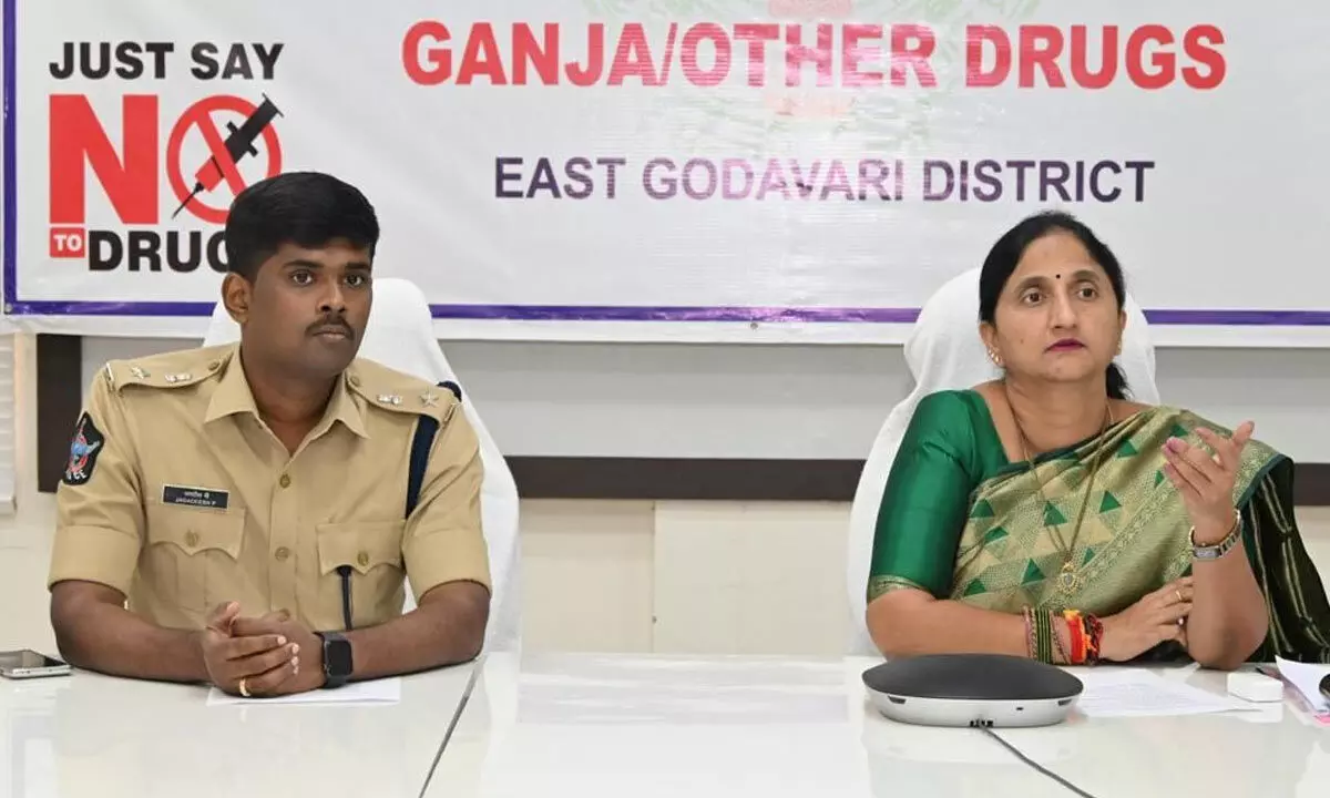 District Collector K Madhavi Latha and SP P Jagadeesh participating in a district-level Narco Coordination Centre (NCORD) committee meeting at the Collectorate in Rajamahendravaram on Monday