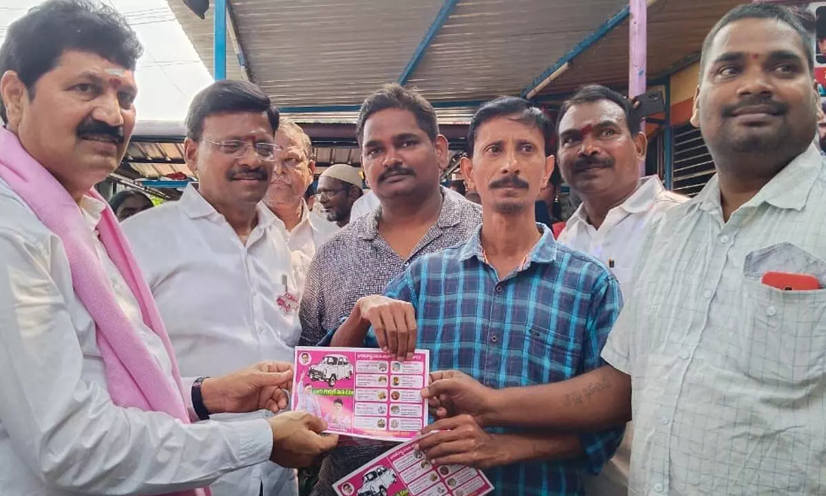 BRS Bhadrachalam candidate Dr Tellam Venkat Rao launching his campaign in temple town in Bhadrachalam on Monday