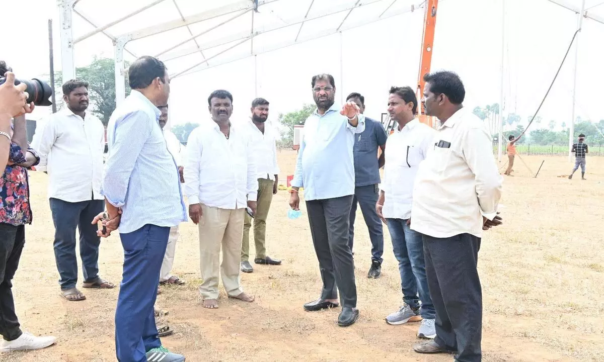 MP Vaddiraju Ravichandra inspecting the public meeting works in Yellandu on Monday
