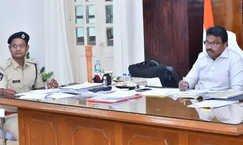 Krishna district Collector P Rajababu addressing a review meeting at Machilipatnam Collectorate on Monday