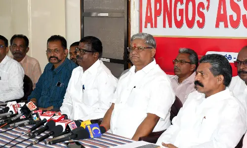 APNGOs state president Bandi Sreenivasa Rao, general secretary K V Siva Reddy and RTC NMU president PV RamanaReddy and other leaders addressing the media at NGO’s Home in Vijayawada on Monday  Photo: Ch Venkata Mastan