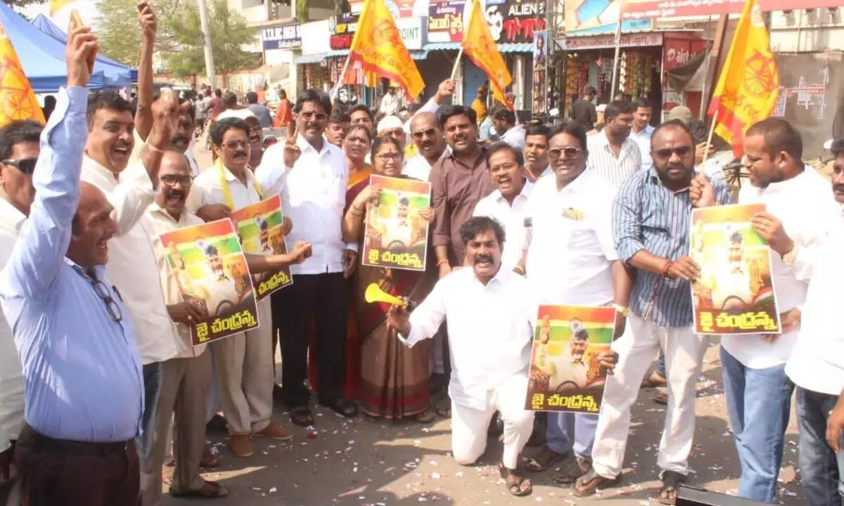 TDP leaders in Srikakulam celebrating the release of Chandrababu Naidu from Rajamahendravaram Central Prison on Tuesday