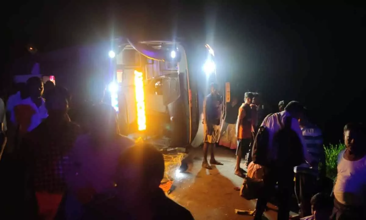 22 injured after a private travel bus overturns at Gudipala in Chittoor