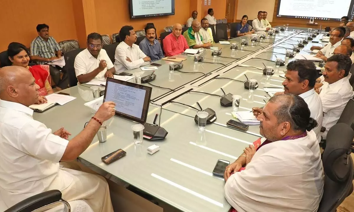TTD executive officer A V Dharma Reddy holds a meeting on arrangements for Karthika Deepotsavams in Tirupati on Tuesday