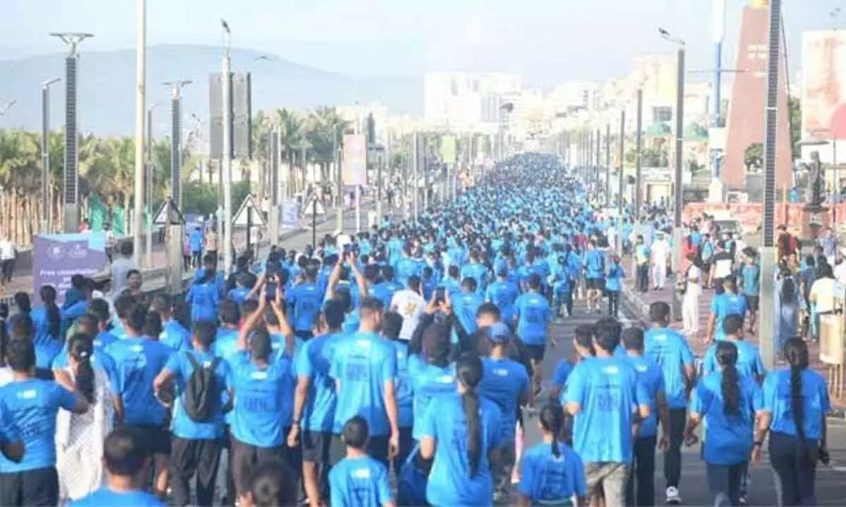 Runners taking part in the Vizag Navy Marathon held in Visakhapatnam on Sunday.