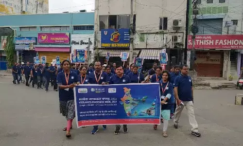 Bank of Baroda employees take out a rally as a part of Vigilance Awareness Week in Tirupati on Saturday