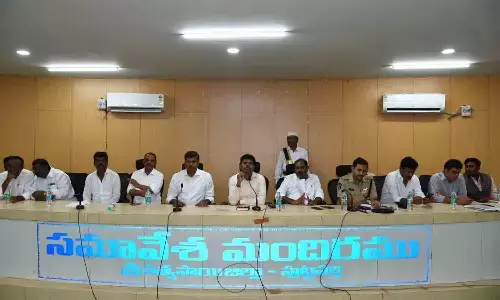 CM tour programme coordinator T Raghuram and Sri Sathya Sai District Collector P Arun Babu holding a review meeting on the arrangements for the Chief Minister’s visit in Puttaparthi on Saturday