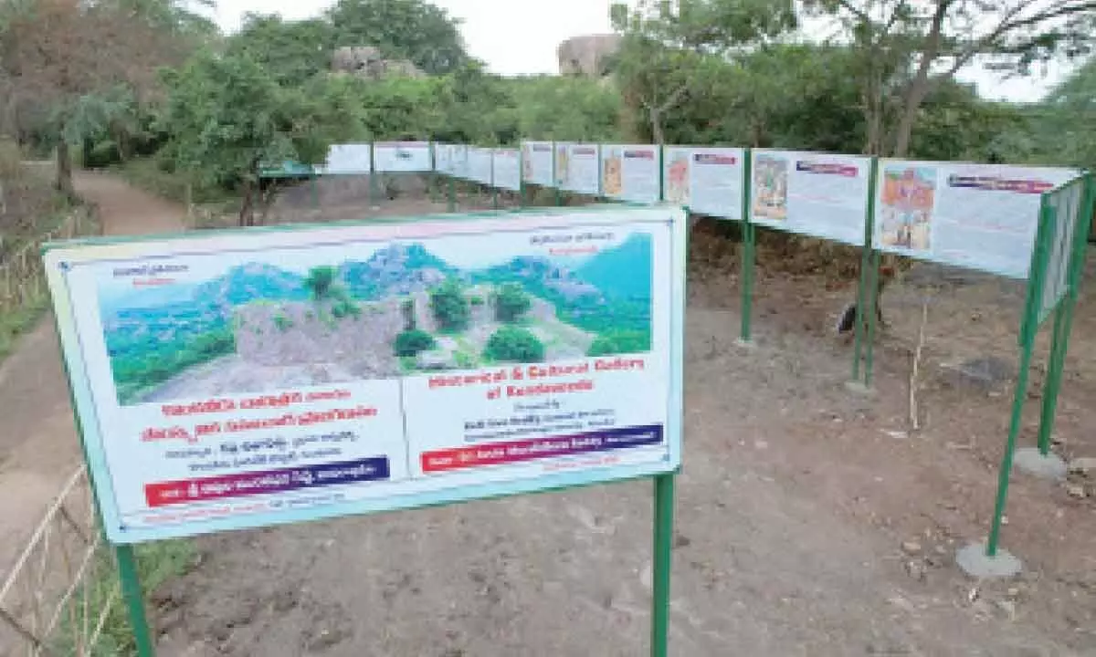 Flexi boards set up explaining history of Kondaveedu Fort at the fort in Palnadu district on Sunday