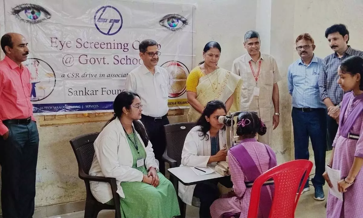 Students of Zilla Parishad High School, Malkapuram, taking part in the eye screening camp in Visakhapatnam