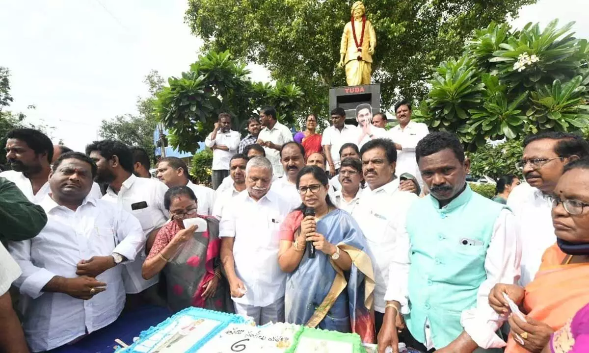 Mayor Dr R Srisha and others taking part in the celebrations on the occasion of the sixth anniversary of the Praja Sankalpa Yatra in Tirupati on Monday