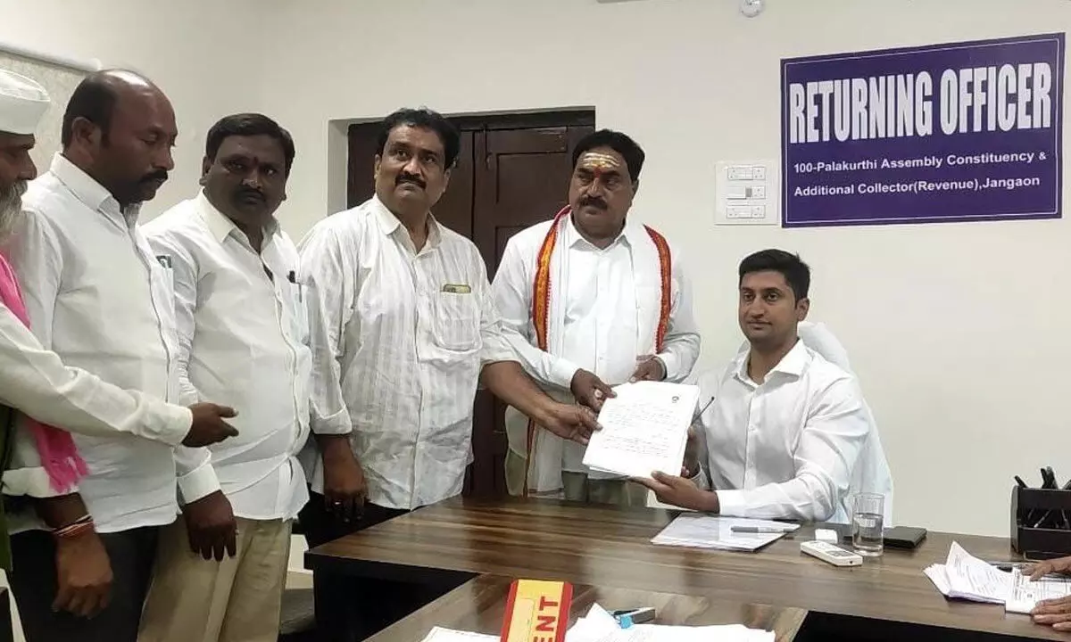 ..Minister for Panchayat Raj and Rural Development Errabelli Dayakar Rao filing his nomination papers at Palakurthi in Jangaon district on Monday